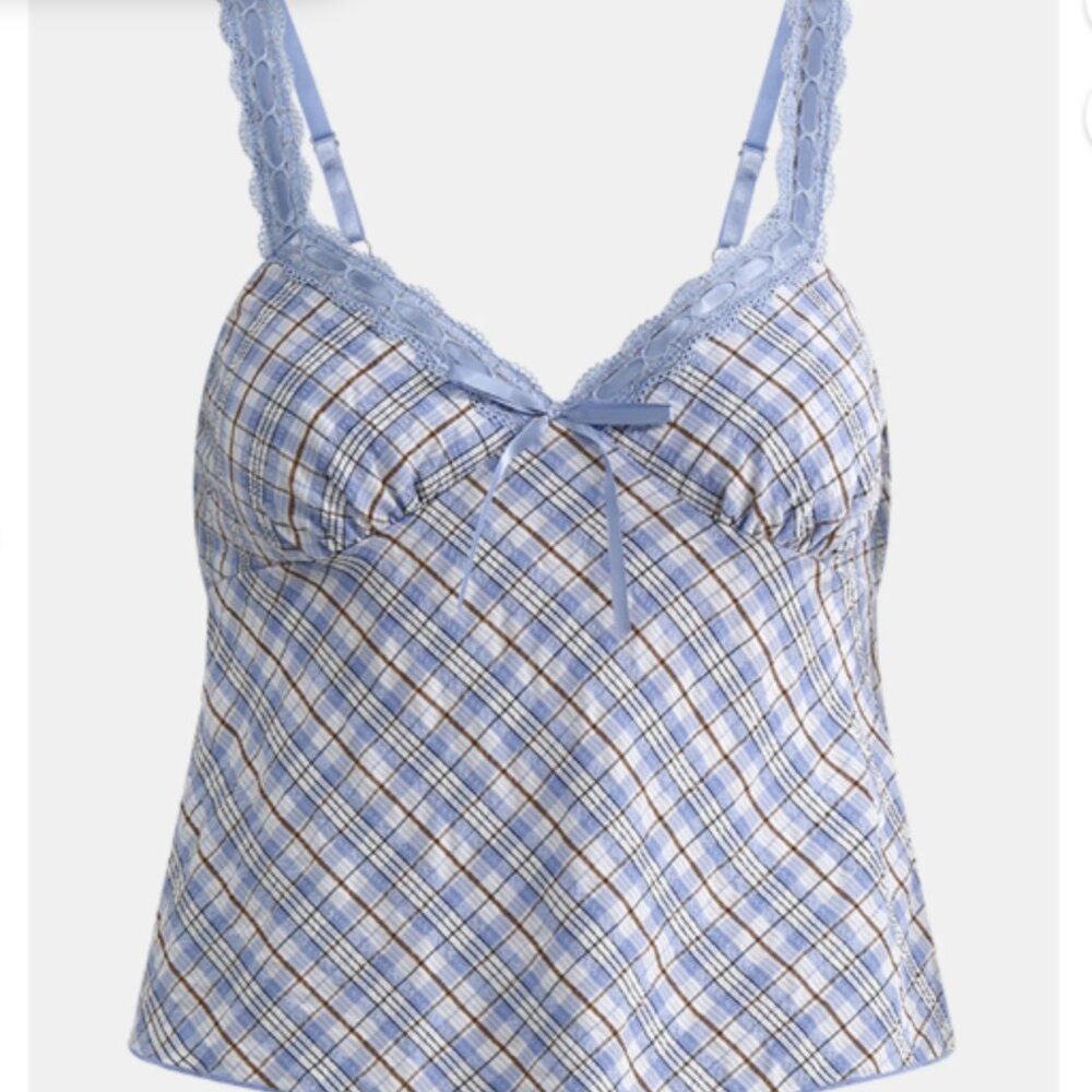 NWT No Boundaries blue plaid cami with lace trim size Medium 8-10